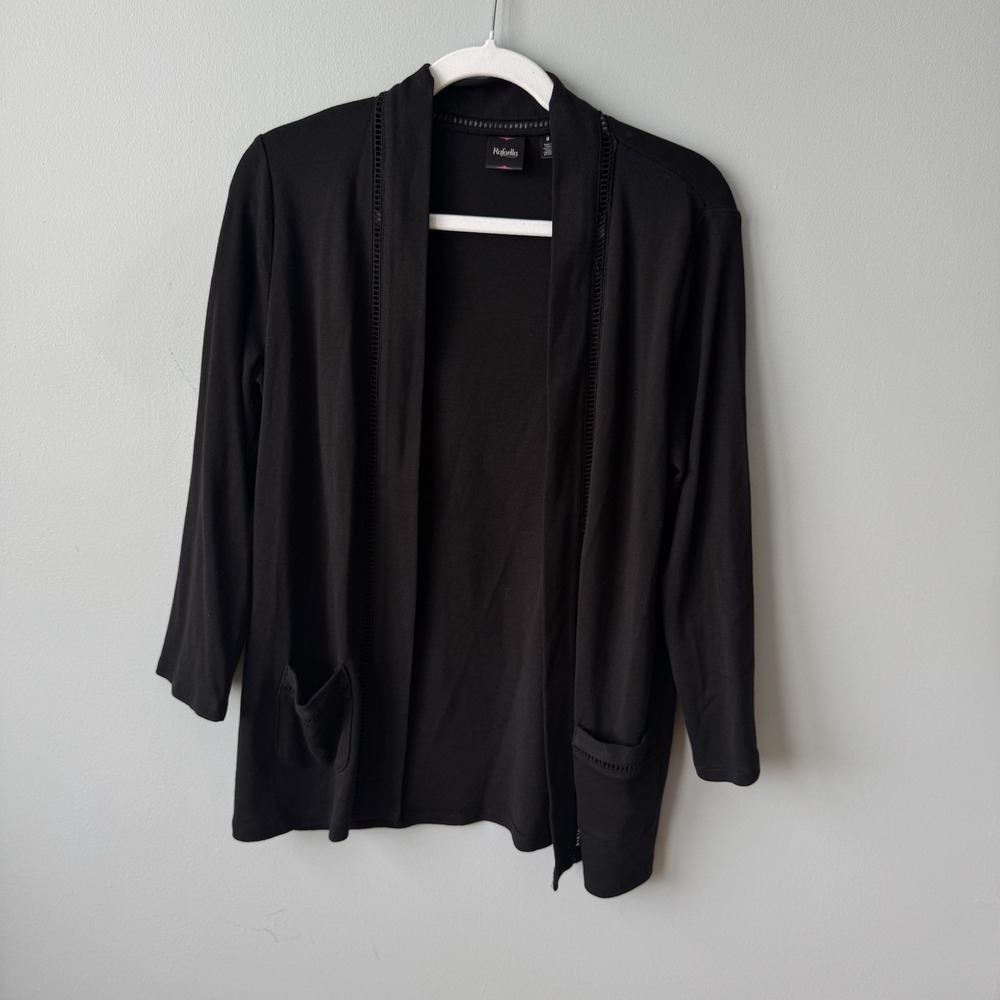 Rafaella Black Open Front Cardigan Jacket Crochet Trim Pockets Size M Layering